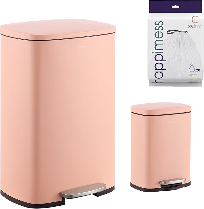 happimess HPM1006G Connor Rectangular 13-Gallon Trash Can with Soft-Close Lid and Free Mini Trash Can, Fingerprint Resistant, Modern, Minimalistic for Home, Kitchen, Office, Bathroom, Flamingo Pink by Happimess