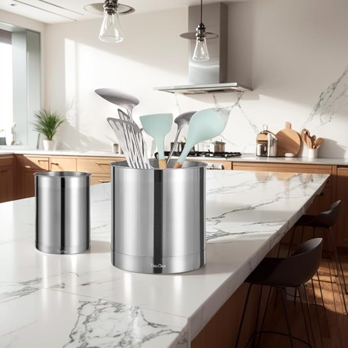 KSENDALO Stainless Steel Utensil Holder for Counter 5.0" Diameter, Brushed Metal Utensil Crock Canister for Cooking Utensils on Countertop, with Heavy Base, Dishwasher Safe,Silver - Image 8