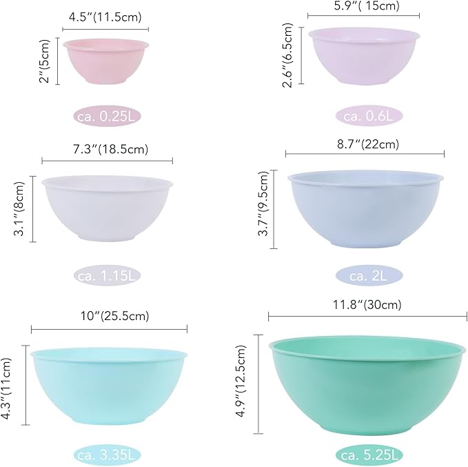 BoxedHome BPA Free Plastic Round Mixing Bowl with Lids, 12 Pack Nesting Bowls with Lids Set, Microwave and Dishwasher Safe Prep & Serving Bowls Great for Mixing, Baking, Serving (pinkish green, 12pcs) - Image 3
