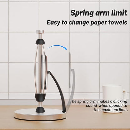 VEHHE Paper Towel Holder Countertop, One-Handed Tear, Stainless Steel, Stand Paper Towel Holder with Spring Activated Arm & Non Slip Weighted Base, for Kitchen Bathroom (Silver) - Image 4