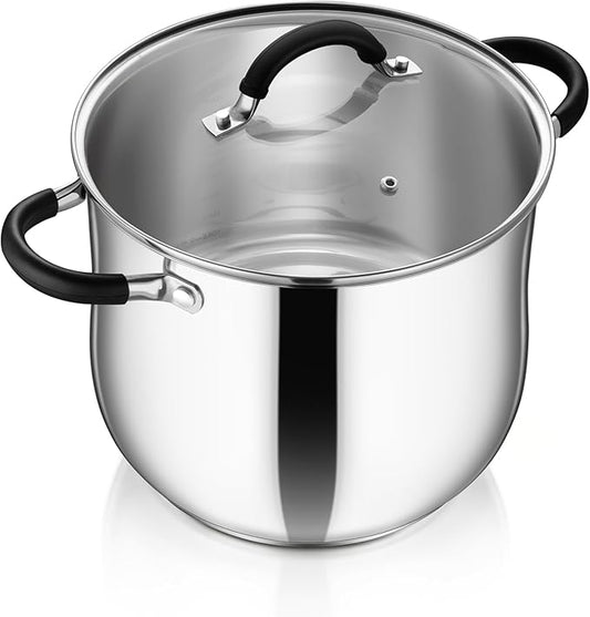 P&P CHEF Stainless Steel Stock Pot, 12 Qt Cooking Soup Pot with Visible Lid for Pasta, Tri-Ply Bottom & Dual Heatproof Handles, For Induction Gas All Stoves, Non-Toxic & Dishwasher Safe