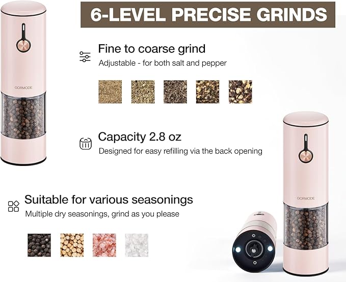 Electric Pepper Grinder and Salt Mill Set - Large Capacity USB Rechargeable Automatic Grinder with Dual LED Lights, One-Handed Operation & Slide Cover - Brushed Stainless Steel - Image 6