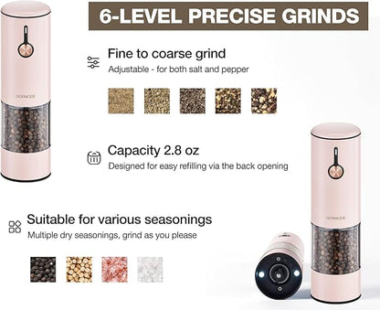 Electric Pepper Grinder and Salt Mill Set - Large Capacity USB Rechargeable Automatic Grinder with Dual LED Lights, One-Handed Operation & Slide Cover - Brushed Stainless Steel - Image 6