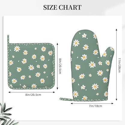 Oven Mitts and Pot Holders Daisy Flower Green Silicone Kitchen Accessories Set of 4 Heat Resistant Long Gloves Potholder Non-Slip Grip for Chef Cooking Baking Grilling BBQ