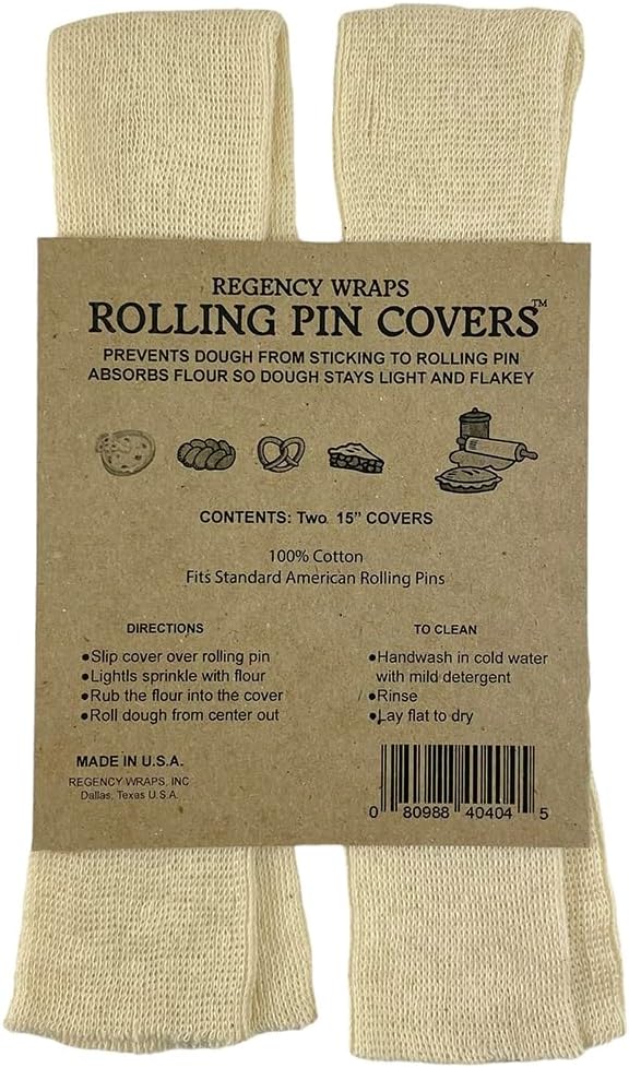 Regency Wraps Rolling Pin Cover for Non-Stick Dough Rolling, 100% Cotton Absorbs Excess Flour So Pastries Come out Light and Flakey, 15" Pack of 2 by RegencyWraps