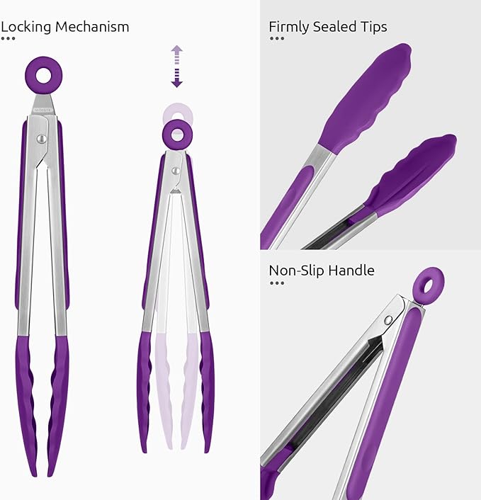 600ºF Heat Resistant Kitchen Tongs: U-Taste 9 inch Silicone Cooking Tong with Firm Sealed Non Stick Rubber Tips & Silicon Coated 18/8 Stainless Steel Handle & Smooth Locking for Serving Grill (Purple) - Image 6