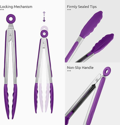 600ºF Heat Resistant Kitchen Tongs: U-Taste 9 inch Silicone Cooking Tong with Firm Sealed Non Stick Rubber Tips & Silicon Coated 18/8 Stainless Steel Handle & Smooth Locking for Serving Grill (Purple) - Image 6
