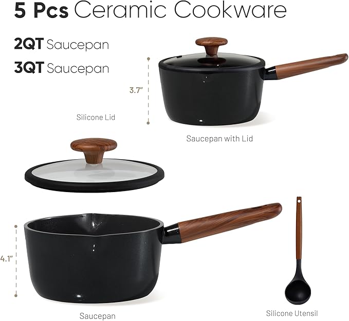 CAROTE 2QT & 3QT Sauce Pan Sets with Lid & Ladle Ceramic Nonstick Pot Set Non Toxic Saucepan Small Kitchen Cooking Pots, Easy to Clean, Induction Comptable, PFAS PTFE Free, Black - Image 2