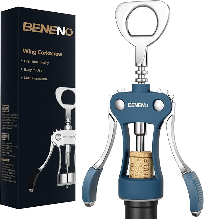 Beneno Wine Opener, Zinc Alloy Premium Wing Corkscrew with Multifunctional Bottles Opener, Sharp Wine Corkscrew with Ergonomic Non-Slip Wing Handle, Blue by Beneno