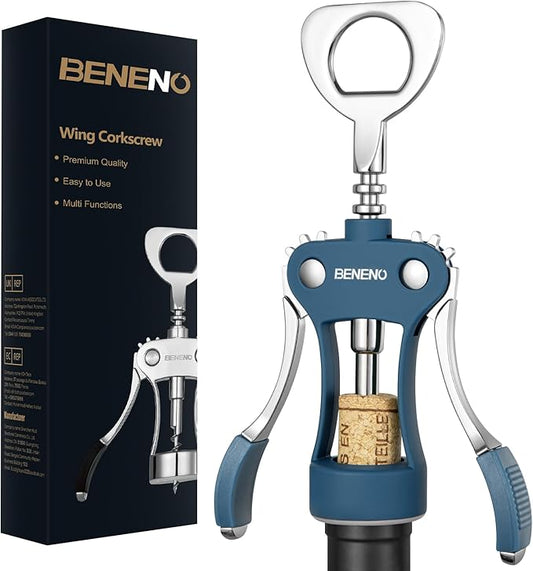 Beneno Wine Opener, Zinc Alloy Premium Wing Corkscrew with Multifunctional Bottles Opener, Sharp Wine Corkscrew with Ergonomic Non-Slip Wing Handle, Blue by Beneno