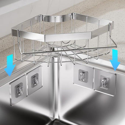 Corner Sink Organizer, Silver Stainless Steel Sponge Holder with Towel Bar, Self-Adhesive Kitchen Storage Rack