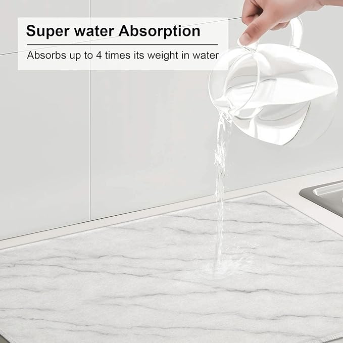 Marble White Dish Drying Mats for Kitchen Counter, Large 18"x24" Dish Mats for Drying Dishes, Microfiber Absorbent Dish Drying Pad Rack Mat Kitchen Decor Reusable Washable