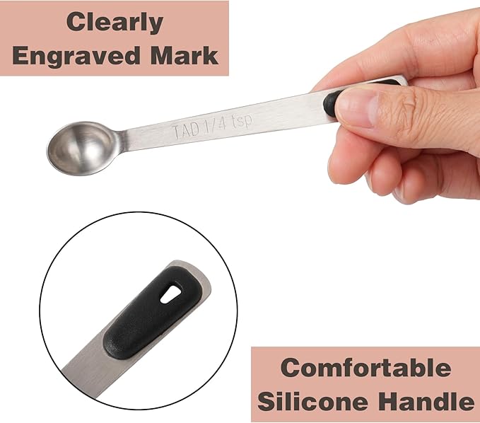 Mini Measuring Spoons Set, Tiny Stainless Steel Measure Teaspoons with Black Silicone Handle, Suitable for Small Amount of Dry or Liquid Ingredients and Spices (1/64, 1/32, 1/16, 1/8, 1/4 tsp) - Image 4