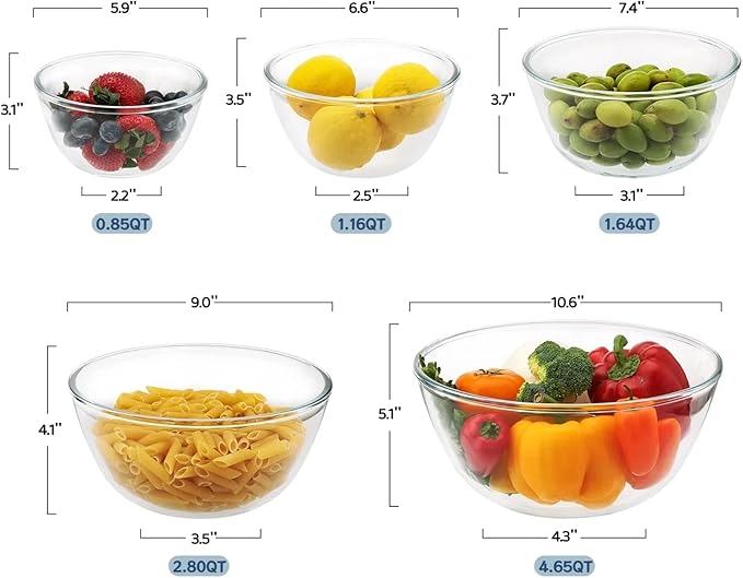 5pc Glass Mixing Bowls Sets (4.65QT, 2.80QT, 1.64QT, 1.16QT, 0.85QT), Glass Nesting Kitchen Thick Bowl for Baking, Cooking Prep, Storage, Large Salad Bowls Sets-Dishwasher Microwave Freezer Safe - Image 6