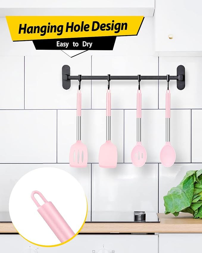 Pack of 4 Silicone Cooking Utensils Set, Non Stick Large Solid Spatulas, Heat Resistant Pink Slotted Spoons, Ideal BPA Free Kitchen Turners for Frying, Mixing,Serving,Draining,Turning,Stirring - Image 6