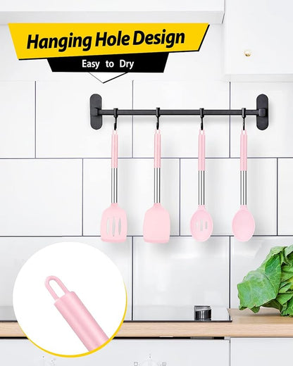 Pack of 4 Silicone Cooking Utensils Set, Non Stick Large Solid Spatulas, Heat Resistant Pink Slotted Spoons, Ideal BPA Free Kitchen Turners for Frying, Mixing,Serving,Draining,Turning,Stirring - Image 6