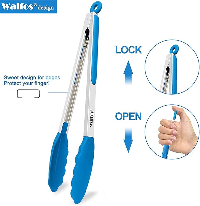 Walfos Kitchen Tongs - 7" 9" and 12" Heat Resistant Food tongs, Thickened Stainless Steel and BPA Free Silicone Tips, Great for Cooking, Grilling, Turning, Dishwasher safe(3 blue silicone tongs) - Image 8