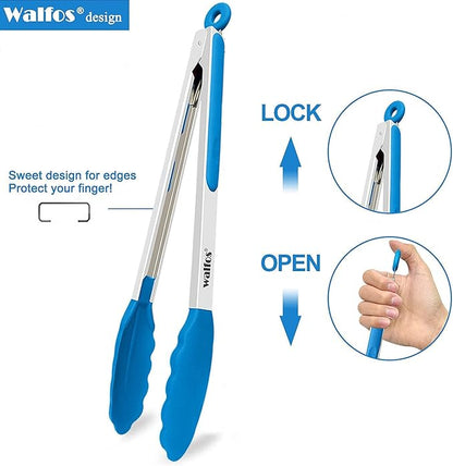 Walfos Kitchen Tongs - 7" 9" and 12" Heat Resistant Food tongs, Thickened Stainless Steel and BPA Free Silicone Tips, Great for Cooking, Grilling, Turning, Dishwasher safe(3 blue silicone tongs) - Image 8