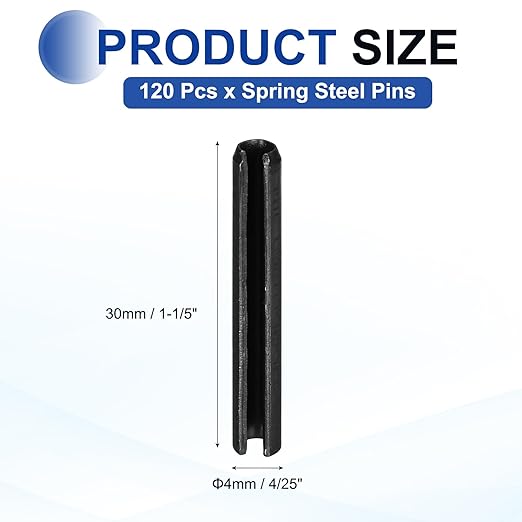 MECCANIXITY 120Pcs Slotted Split Roll Pins 4/25 Inch(4mm) Dia. 1-1/5 Inch(30mm) Length 65Mn Steel Spring Tension Expansion Dowels for Secure Fastening, Black