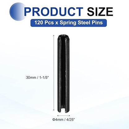 MECCANIXITY 120Pcs Slotted Split Roll Pins 4/25 Inch(4mm) Dia. 1-1/5 Inch(30mm) Length 65Mn Steel Spring Tension Expansion Dowels for Secure Fastening, Black