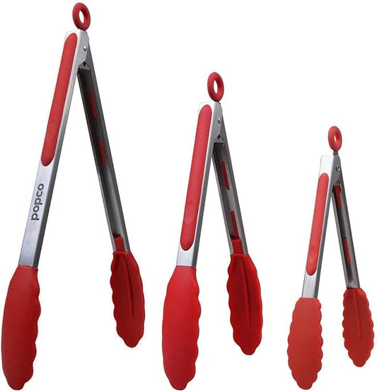 Popco 3-Piece Kitchen Tongs Set – Stainless Steel Heat Resistant Silicone Tips, Strong Comfort Grip, 3 Sizes (7, 9, 12 Inch), Non-Scratch, Dishwasher Safe, For Cooking, BBQ, Salad by POPCO