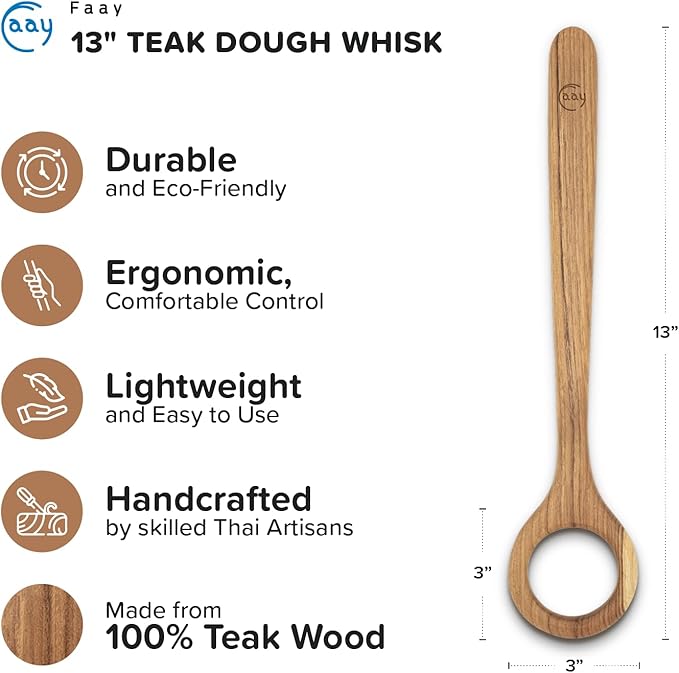 FAAY 13" Dough Whisk, 100% Healthy Teak Kitchen Utensils for Bread Mixing, Sourdough, Batter Preparation, Baking, and Cooking Tools - Image 2