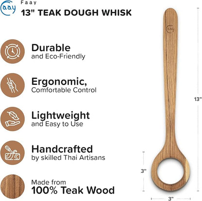 FAAY 13" Dough Whisk, 100% Healthy Teak Kitchen Utensils for Bread Mixing, Sourdough, Batter Preparation, Baking, and Cooking Tools - Image 2