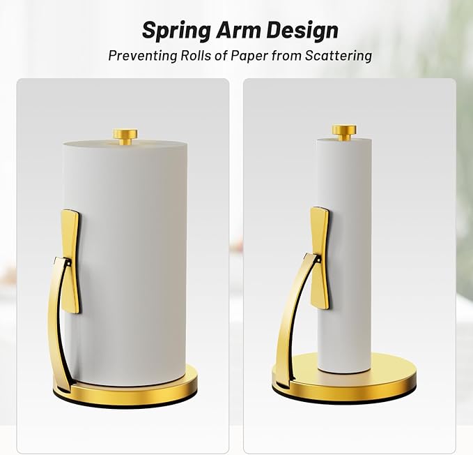 VEHHE Gold Paper Towel Holder Countertop, One-Handed Tear, Stainless Steel, Stand Paper Towel Holder with Spring Activated Arm & Non Slip Weighted Base, for Kitchen Bathroom - Image 6