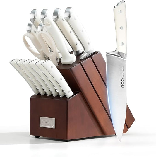 OOU 2026 Master Line 15-Piece German High Carbon Steel Knife Set - Professional Sharp Chef Knife with FSC Wooden Block - Ergonomic Handle Kitchen Knife Set with Steak Knives & Sharpener-Walnut