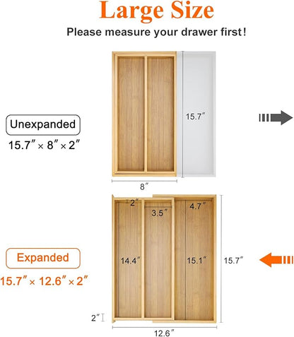 Large Bamboo Silverware Drawer Organizer Tray Kitchen Tool Drawer Divider Organizers Storage Expandable Cooking Utensil Organizer Wooden Cutlery Tray Spoon Flatware Organizers Utensil Holder Drawers - Image 2