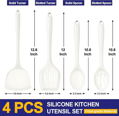 P&P CHEF Kitchen Utensil Set, 4 Pieces Non-stick Silicone Cooking Utensils, Heat-resistant Slotted Solid Spoon Turner for Frying, Mixing, Serving, Non-toxic & Easy to Clean, White - Image 2