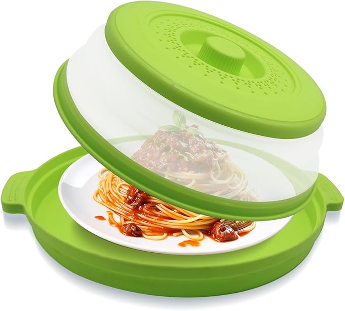 Microwave Splatter Cover 10.2 Inch, Collapsible Silicone Lid & Tray with Handles, Fits Standard & Compact Microwaves, Vented Splash Guard for Food, BPA-Free & Dishwasher Safe