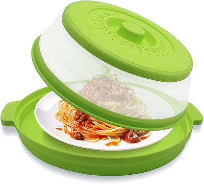 Microwave Splatter Cover 10.2 Inch, Collapsible Silicone Lid & Tray with Handles, Fits Standard & Compact Microwaves, Vented Splash Guard for Food, BPA-Free & Dishwasher Safe