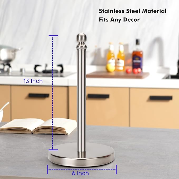 Paper Towel Holder Countertop, Standing Paper Towel Roll Holder for Kitchen Bathroom, with Weighted Base for One-Handed Operation (Brushed Nickel) - Image 4