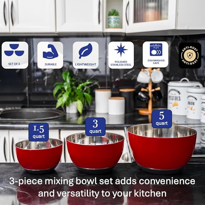 WHYSKO® Stainless Steel Mixing Bowls (Set of 3) with Non-Slip Silicone Base for Kitchen, Dishwasher Safe Bowls for Meal Prep, Cooking, Baking, Serving, Food Storage (Red) - Image 2