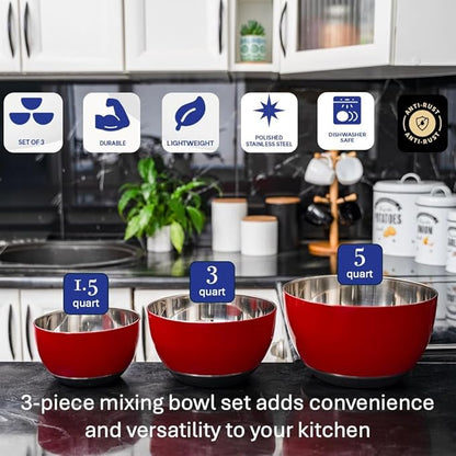WHYSKO® Stainless Steel Mixing Bowls (Set of 3) with Non-Slip Silicone Base for Kitchen, Dishwasher Safe Bowls for Meal Prep, Cooking, Baking, Serving, Food Storage (Red) - Image 2