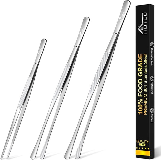 HOTEC Kitchen Tweezers Tongs Stainless Steel Professional Chef Tweezers, Set of 3-6.3", 10" and 12inch Food Tongs for Cooking, Repairing, Dessert, BBQ, Meat, Pasta by Hotec