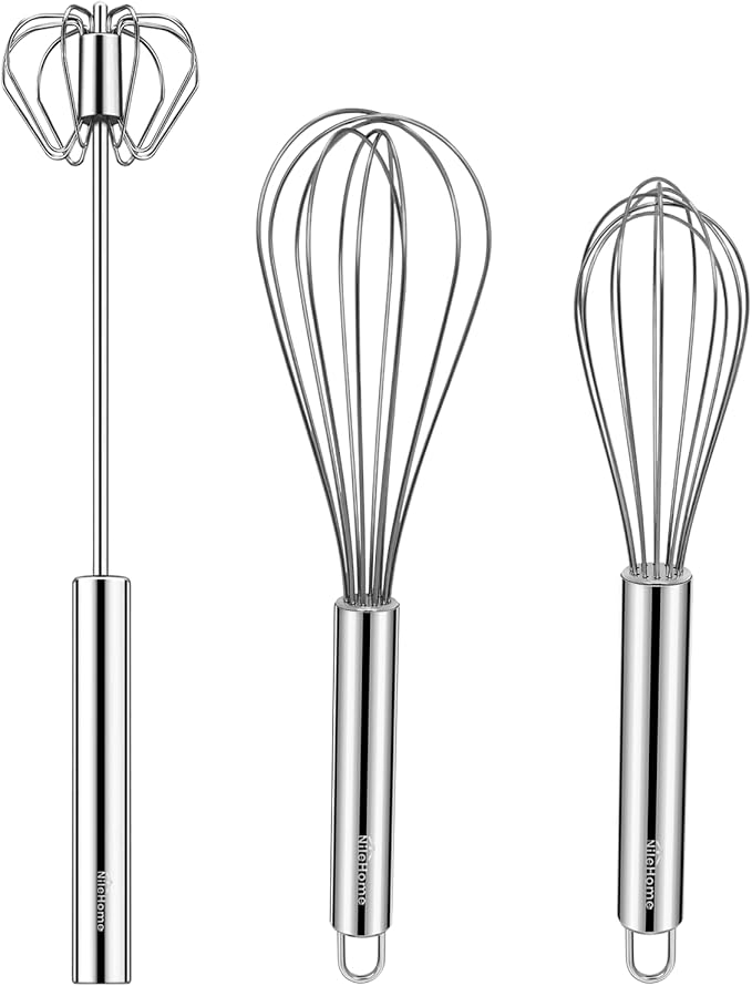 NileHome Stainless Steel Whisk Set 8" 10" Hand Blender + 12" Semi-Automatic Rotary Kitchen Whisk Kitchen Wisk Wire Whisks for Cooking, Whisking, Blending, Beating, Stirring- 3 Pack... by NileHome