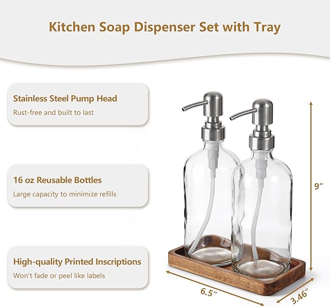 Clear Glass Soap Dispenser Set with Acacia Wood Tray, Refillable Hand Soap Pump Bottle for Kitchen, Bathroom Countertop, Modern Farmhouse Soap Dispenser Set