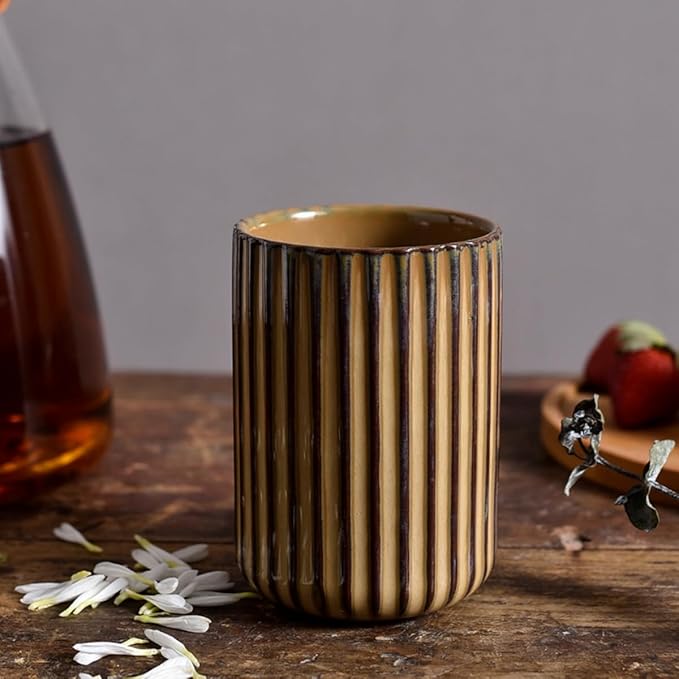 TOPYOKK Stoneware Coffee Bar Utensil Holder Tea & Coffee Spoon & Stirrer Holder for Stir Stick Straw Teaspoon Holder Spoon Cup Small Utensil Jar Fluted Vertical Stripe (Rustic Brown) - Image 8
