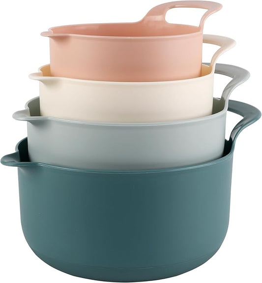 COOK WITH COLOR Nesting Plastic Mixing Bowl Set with Pour Spouts and Handles, Teal and Pink, 4 Piece Non-Slip by CookwithColor