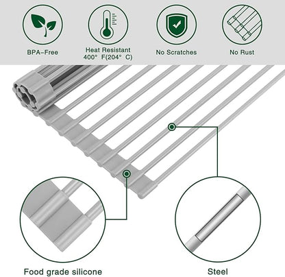 HANZENMA Roll Up Dish Drying Rack Over The Sink Kitchen Roll Up Sink Drying Rack Multipurpose Foldable Sink Drying Mat, Heat-Resistant, Anti-Slip & Anti-Rust Dish Rack for Kitchen, 20.5" x 13", Grey - Image 5