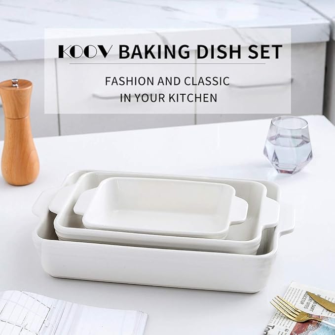 KOOV Bakeware Set, Ceramic Baking Dish Set, Rectangular Casserole Dish Set, lasagna Pan, Baking Pans Set for Cooking, Cake Dinner, Kitchen, 9 x 13 Inches, 3-Piece (Set of 3, White) - Image 2