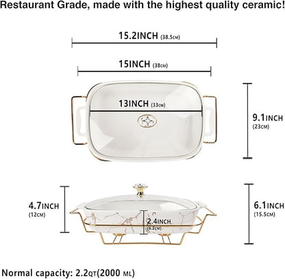 13" x 9" Ceramic Casserole Dish with Glass Lid and rack, 2.2 Quart Serving Soup Tureen,Chafing Dish for Buffet, Family Food preserve Tray, Catering Casserole for Party Style