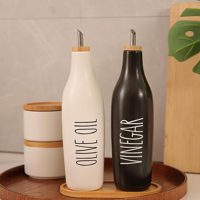 HOMCDALY Olive Oil and Vinegar Dispenser Set, 16oz Ceramic Oil Dispenser for Kitchen, Kitchen Dispenser Bottle for EVOO Vinegar Syrups, Modern Farmhouse Design| Set of 2 – P-Black&White - Image 6