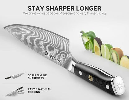 Damascus Knife Set 3 PCS: Japanese Kitchen Knives with VG10 Steel Core, Ultra-Sharp Professional Chef Knife Set, Full Tang G10 Handle, NSF Food-Safe, Elegant Box for Men Him Husband, Mothers Day