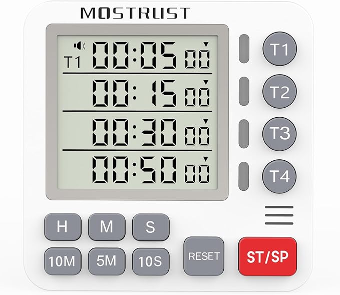 Digital Dual Kitchen Timer, 4 Channels Independent Countdown Timer, Large Display, On/Off, Loud Volume Alarm and Flashing Light with Magnetic Back, Stand, Battery Included (White) by MOSTRUST