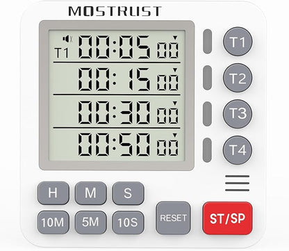 Digital Dual Kitchen Timer, 4 Channels Independent Countdown Timer, Large Display, On/Off, Loud Volume Alarm and Flashing Light with Magnetic Back, Stand, Battery Included (White) by MOSTRUST
