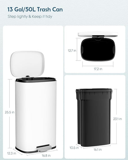 Arlopu13.2 Gallon Step Trash Can, Stainless Steel Garbage Bin, Soft-Close Rubbish Bin with Removable Plastic Inner Bucket, Fingerprint-Proof, Lid Dustbin, Suit for Kitchen Home (White, 50L)