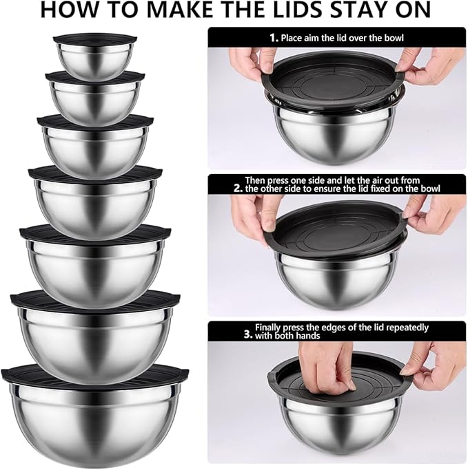 Leidawn Mixing Bowls with Lids set - 25 PCS Stainless Steel Nesting Black Mixing Bowls Set for Baking, Mixing, Serving & Prepping, Size 5, 3.7, 2.8, 2.3, 1.7, 1.1, 0.7QT, 11 Cooking Utensils - Image 3